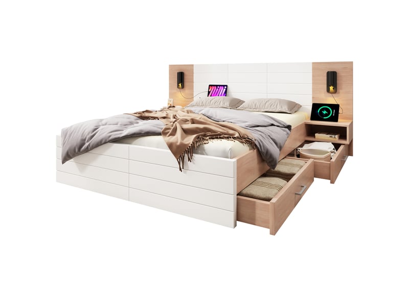 Lit double 180x200 cm avec rangement, 2 tiroirs et 2 chevets, tête de lit avec lampe de lecture USB, sommier à lattes effet bois et blanc - Sans matelas Fay Lum - Conforama A