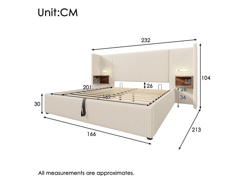  Lit coffre 160x200cm avec table nuit lampe usb-c sommier bois metal beige blanc velours avec matelas  - Conforama C