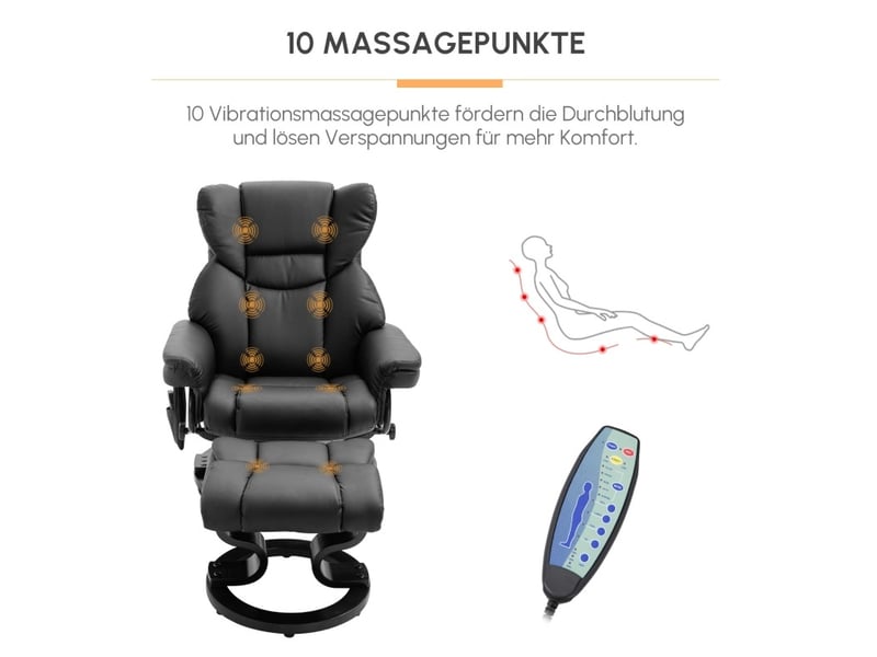  Fauteuil relax massant inclinable 145° avec repose-pieds en similicuir noir  - Conforama D