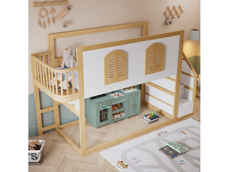  Modenvie lit mezzanine enfant 90x200 cm - avec escalier de rangement, espace de jeu - sans matelas - bicolore  - Conforama E