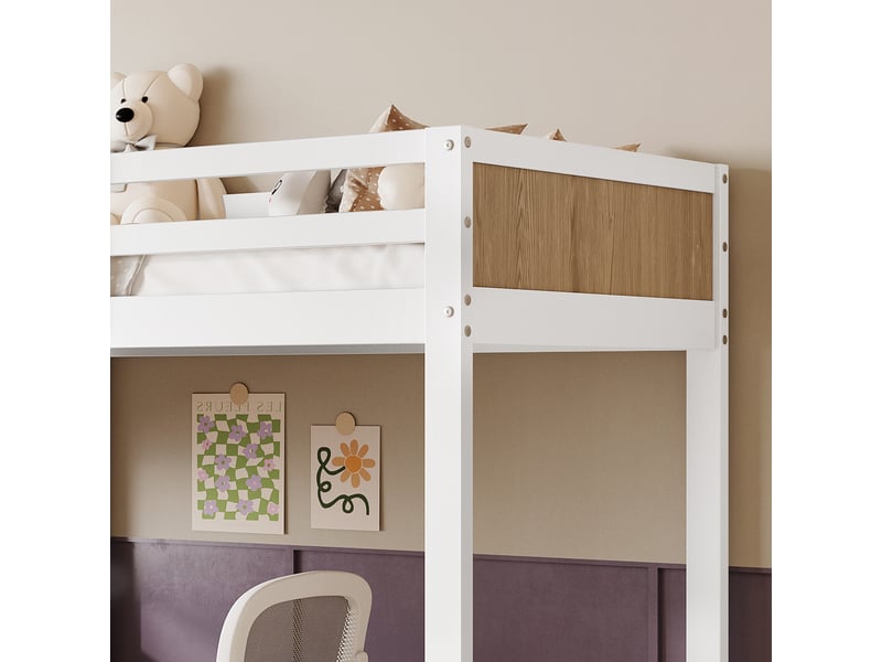  Lit superposé enfant 90x200cm blanc et naturel, bureau 3 tiroirs, escalier rangement et étagère  - Conforama C