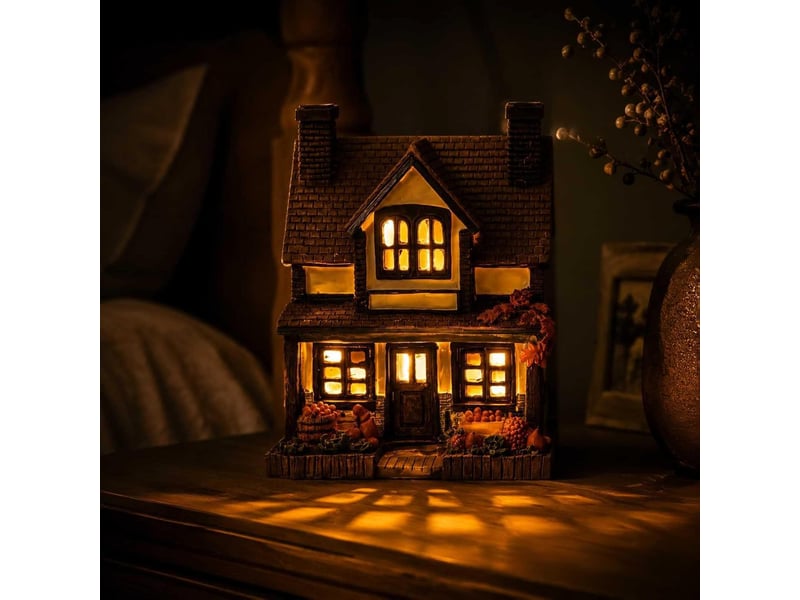 Décoration automne lumineuse 1 pièces, maison de village en résine avec led blanc chaud, décoration de table, noir  - Conforama C