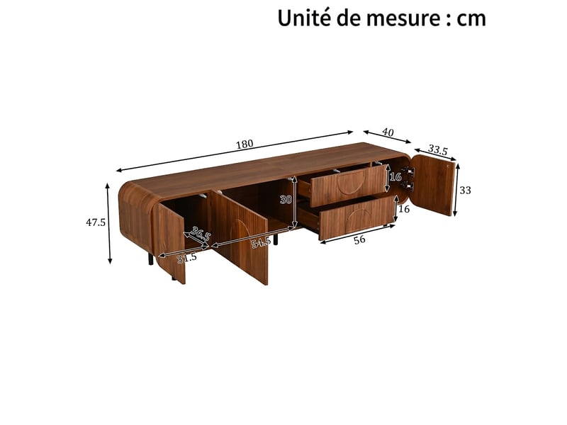  Meuble tv noyer 180 cm style mid-century avec 3 portes, 2 tiroirs et pieds en métal  - Conforama C