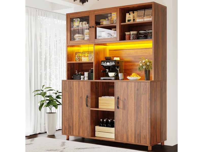  Armoire de salon haute 140x40x185cm, meuble de cuisine avec led intelligente, buffet de salle à manger rétro noyer  - Conforama E