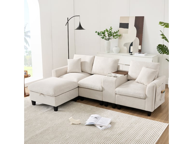 Canapé d'angle, canapé convertible, en velours tricoté, rangements dans les accoudoirs, porte-gobelets, design moderne, usb - Conforama D