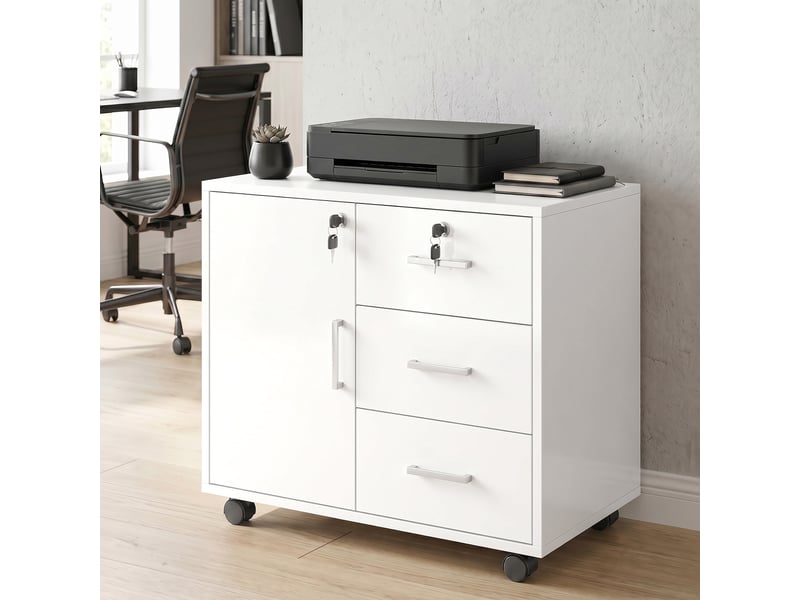  Caisson bureau meuble de rangement verrouillable avec 3 tiroirs et étagère réglable, roulettes, blanc, 40 x 60 x 56 cm  - Conforama D