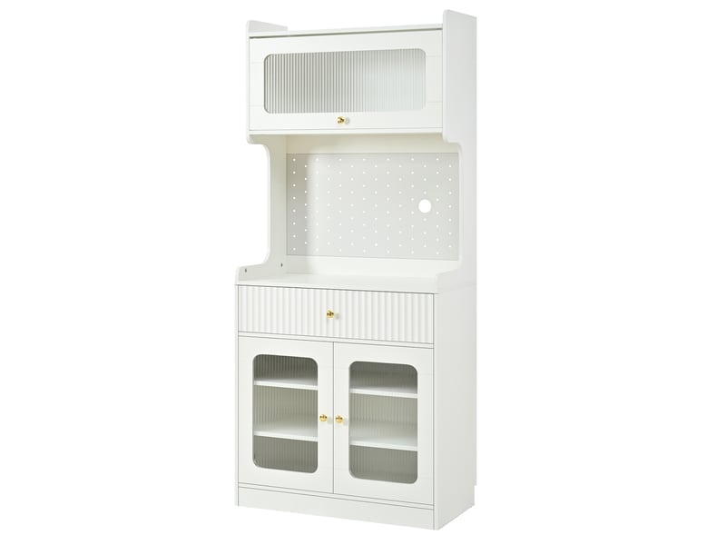  Buffet haut 80x40x180 cm avec led, portes en verre strié, tiroir, rangement modulable et panneau perforé mdf blanc OMNIGLINT TRADING LTD - Conforama A