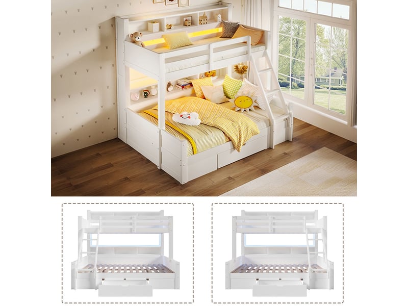 Lit superposé 90 x 200 + 140 x 200 cm échelle barrières de lit plusieurs compartiments ouverts position d’échelle modulable 1 tiroir éclairage led blanc - Conforama E