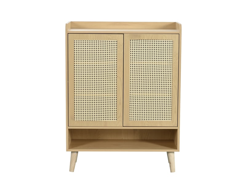 Meuble à chaussures en rotin naturel 80x35x105 cm, 2 portes, 5 étagères et pieds en bois massif  - Conforama A