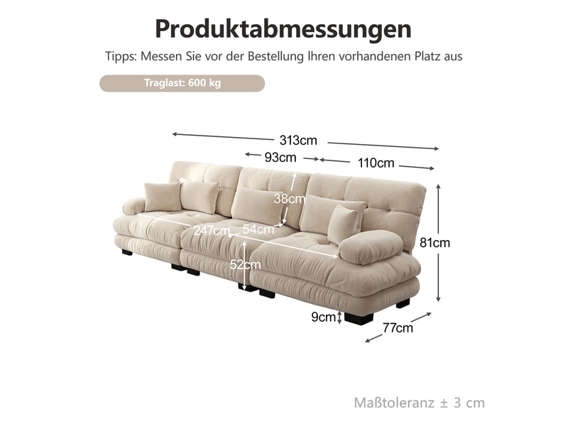  Canapé modulable 313x77x81cm 3 places, accoudoirs arrondis, coussins, structure en bois, matière chenille, café clair  - Conforama C