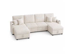 Canapé panoramique convertible 6 places en u 271x131x83 cm canapé-lit modulable 2 méridiennes avec rangement ports usb et type-c velours côtelé beige