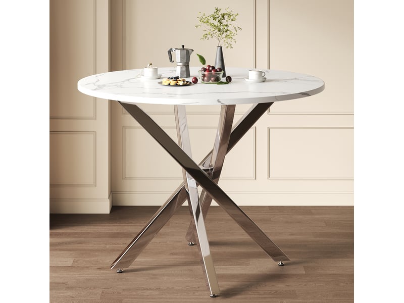 Table de salle à manger ronde avec piètement croisé, plateau effet marbre, en mdf et métal, blanc et argenté, diamètre 80 cm - Conforama D