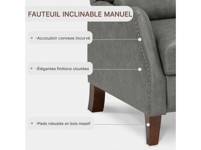  Fauteuil relax manuel en pu,3 positions,  structure en bois massif – salon, bureau, chambre,gris  - Conforama D