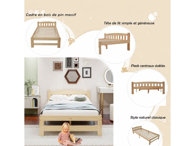 Lit en bois massif 90x200 cm - classique lit simple avec sommier - pin - naturel - sans matelas  - Conforama D
