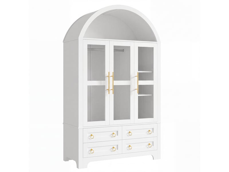  Vitrine haute 110x50x186 cm, 3 portes vitrées, penderie, 4 tiroirs, led par application, pour salon et salle à manger - blanc  - Conforama D