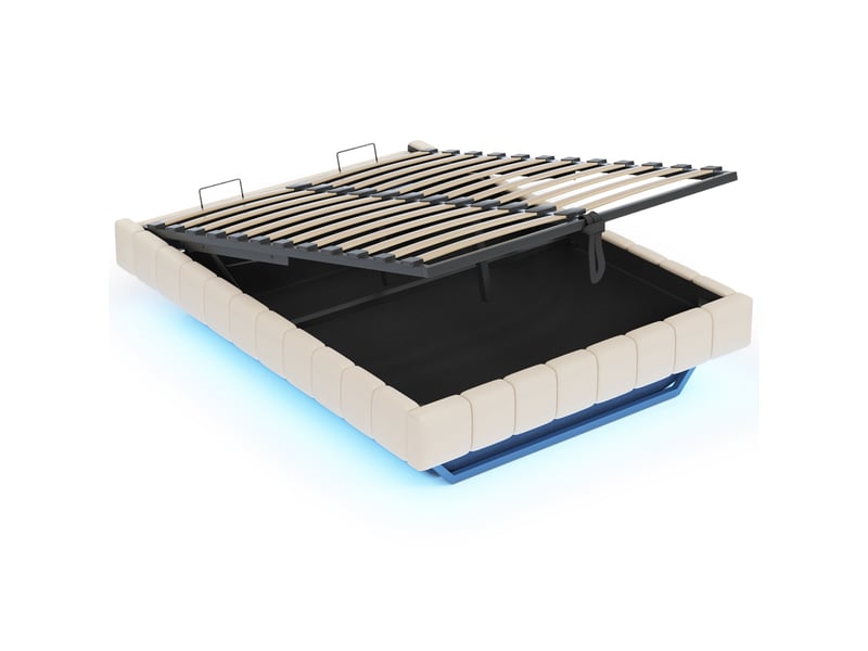  Lit capitonné 160x200 cm beige en lin, cadre suspendu, relevage hydraulique, led et sans tête de lit  - Conforama A