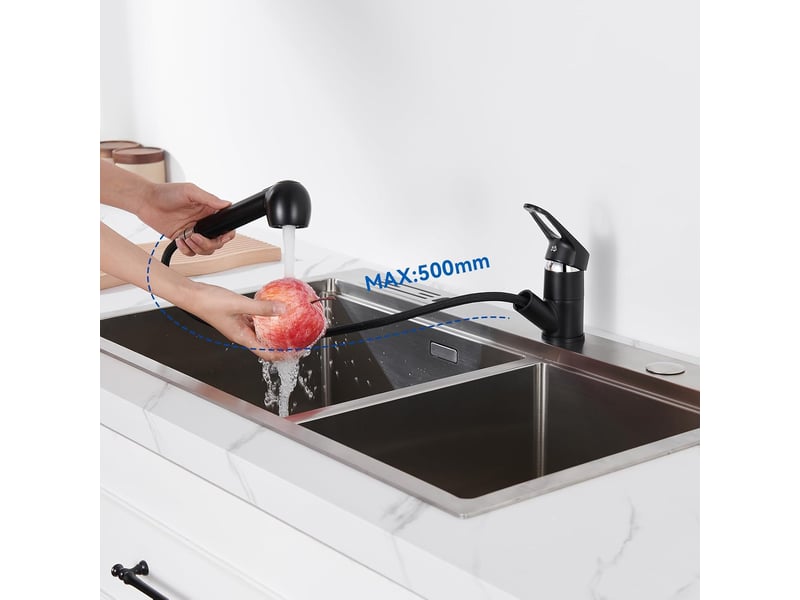 Robinet de cuisine noir avec douchette extractible, rotation à 360°, sortie d'eau chaude et froide monotrou, convient aux éviers, cuisines ou lavabos - Conforama C