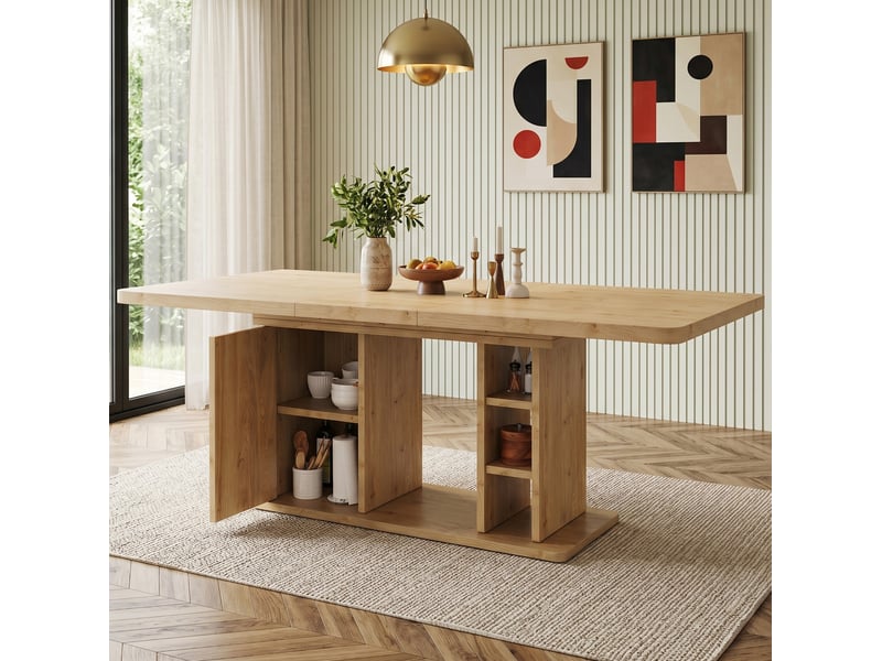 Table à manger extensible 6 à 8 personnes avec rangement, style scandinave, mdf chêne, 140 à 180 × 80 cm - Conforama B