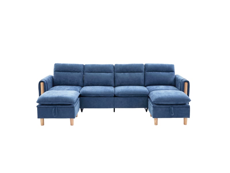 Canapé en u modulable 4 places en tissu chenille bleu, avec 2 poufs à rangement, pieds en bois massif - Conforama A