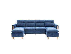 Canapé d'angle panoramique convertible <strong>SAPGAKS</strong> <strong></strong> 4 places Velours côtelé bleu avec coffre de rangement