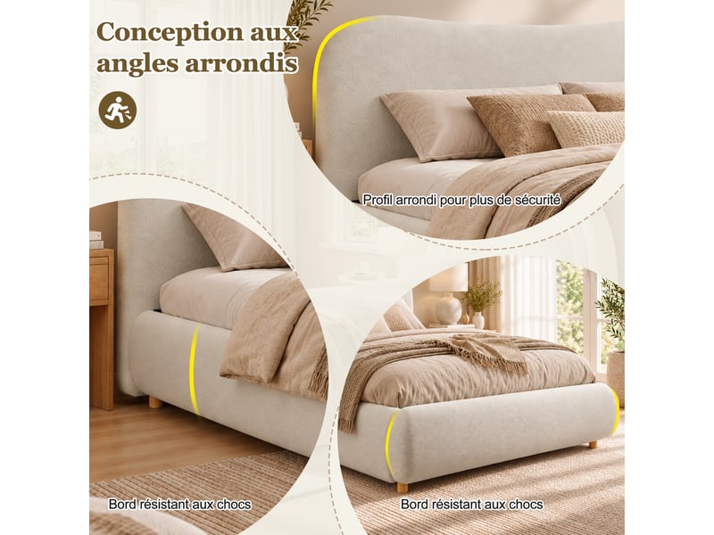 Lit coffre rembourré 180x200 cm - tête de lit rembourrée et pieds en bois massif - tissu bouclé - blanc(matelas non inclus) - Conforama W