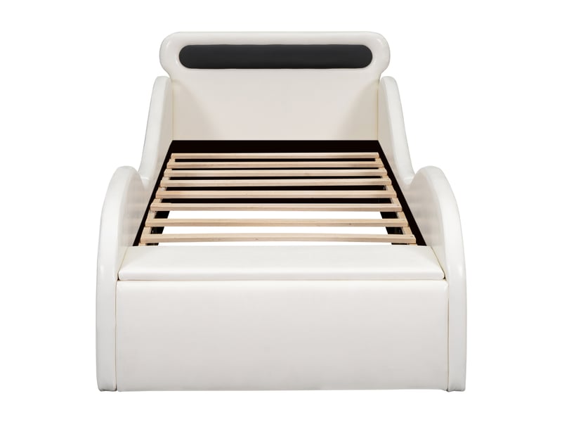  Lit enfant voiture blanc 90 × 200 cm en pu, roues lumineuses et rangement intégré  - Conforama A