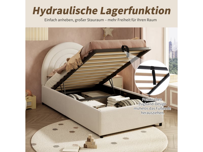  Lit enfant 90x200 capitonné beige - lit simple avec sommier, coffre hydraulique et tissu bouclette  - Conforama D