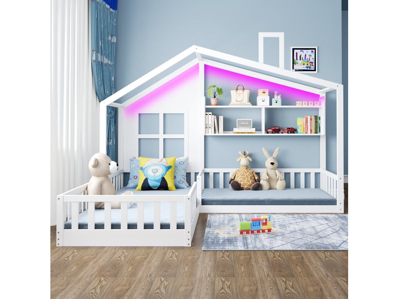  Lit enfant au sol 90 x 200 cm et 70 x 140 cm blanc avec étagères, éclairage led et barrières de sécurité  - Conforama C