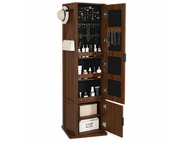  Armoire à bijoux pivotante 360 degrés 50x50x170 cm, noyer foncé, mdf et verre avec miroir intégral  - Conforama A