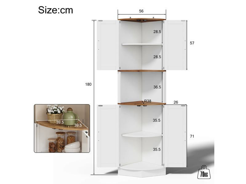  Meuble d'angle avec 2 portes et 5 espaces de rangement pour cuisine ou salon, mdf blanc, 39,5 × 39,5 × 180 cm  - Conforama D