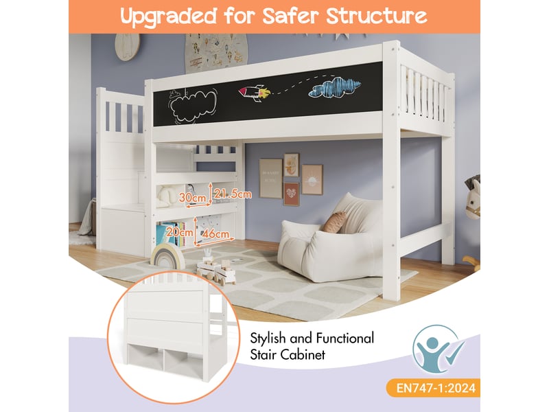  Lit mezzanine enfant 90x200 cm, tableau blanc, barrière de sécurité, sommier à lattes, cadre de lit, pour chambre enfant - blanc  - Conforama E