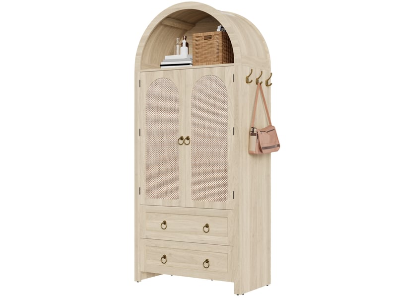  Buffet et enfilade avec 2 portes en rotin, 2 tiroirs, étagères réglables et crochets pour salon en mdf chêne clair  - Conforama A
