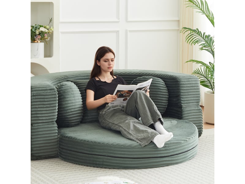  Canapé Convertible 4-en-1 Vert en Velours Côtelé Modulable Lit de Jour Rond  - Conforama B