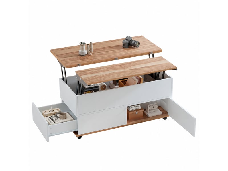 Table basse relevable avec rangement, double plateau, tiroir et roulettes, 100 x 98 x 65, blanc et bois naturel - Conforama A