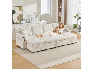 Canapé droit 4 places en velours beige avec chaiselongues des deux côtés, rangement, porte-gobelets, usb et fonction lit, design moderne pour salon