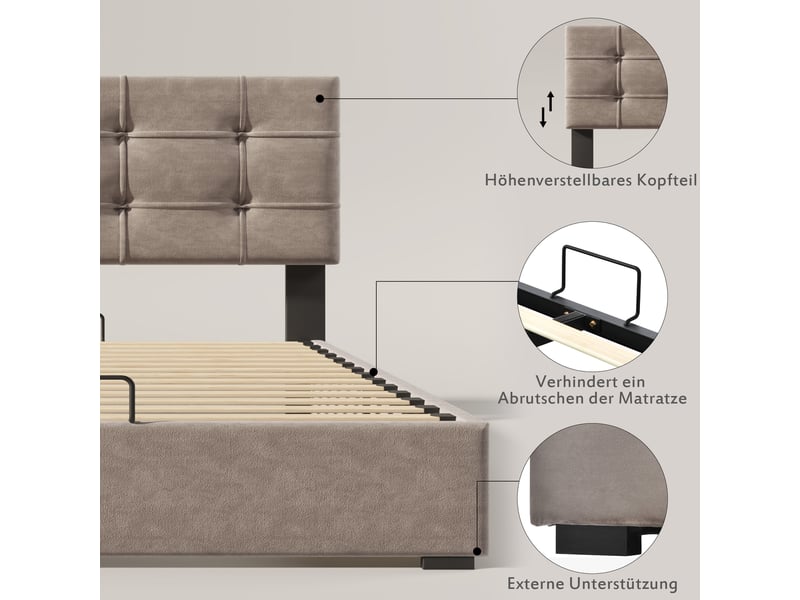  Lit coffre 90x200 en velours gris clair avec rangement hydraulique et sommier à lattes métallique  - Conforama D