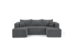 Canapé d'angle modulable 3 places en velours côtelé gris, avec 2 poufs, porte-gobelets, rangements, 300 kg