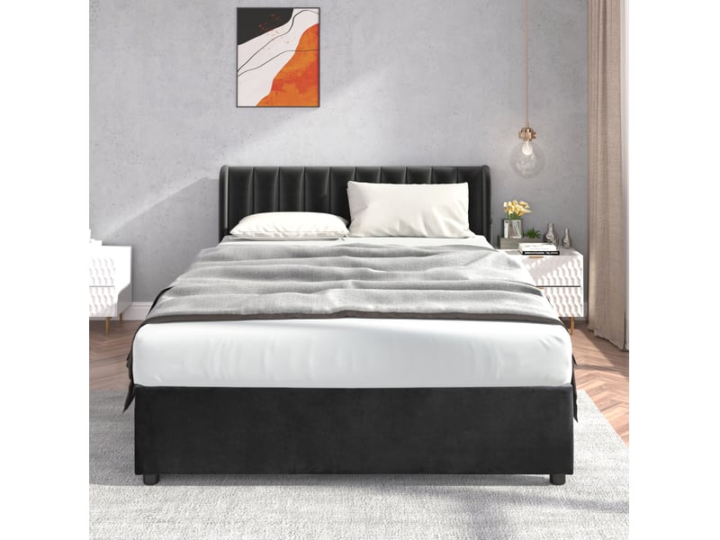  Lit rembourré tcqpz 160 x 200 cm en velours noir avec sommier à lattes 2 tiroirs  - Conforama D