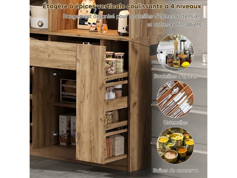  Buffet de cuisine haut avec tiroir à épices vertical, led et prises, 185x105x40 cm  - Conforama D