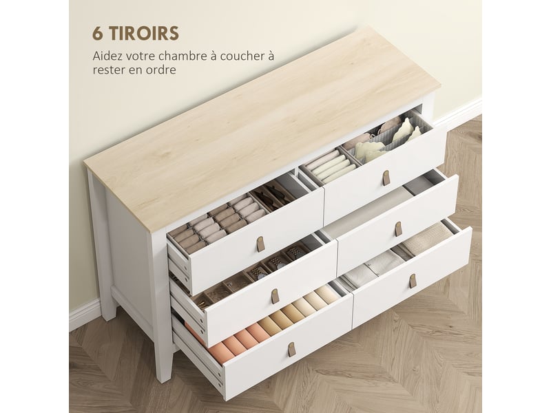  Commode 6 tiroirs meuble de rangement style contemporain avec poignées en polyuréthane, blanc, 120 x 40 x 78 cm  - Conforama A