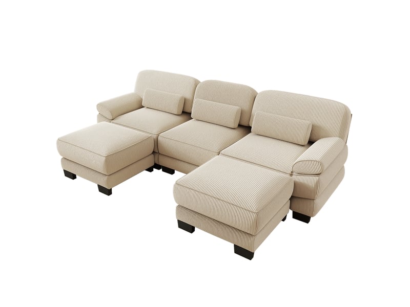  Canapé modulable modenvie 3 places en u avec 2 poufs, velours côtelé beige, 265 x 161 x 94 cm  - Conforama A