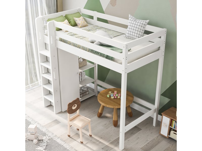  Lit mezzanine enfant 90x200 cm avec armoire, 6 étagères et échelle, blanc  - Conforama B