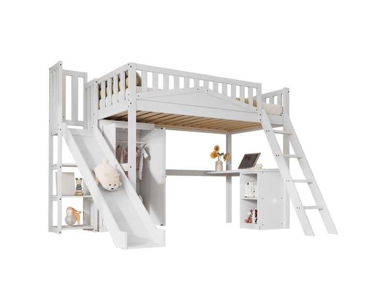 Lit surélevé enfant 90x200 cm avec toboggan, bureau, armoire et rangements, blanc - Conforama A