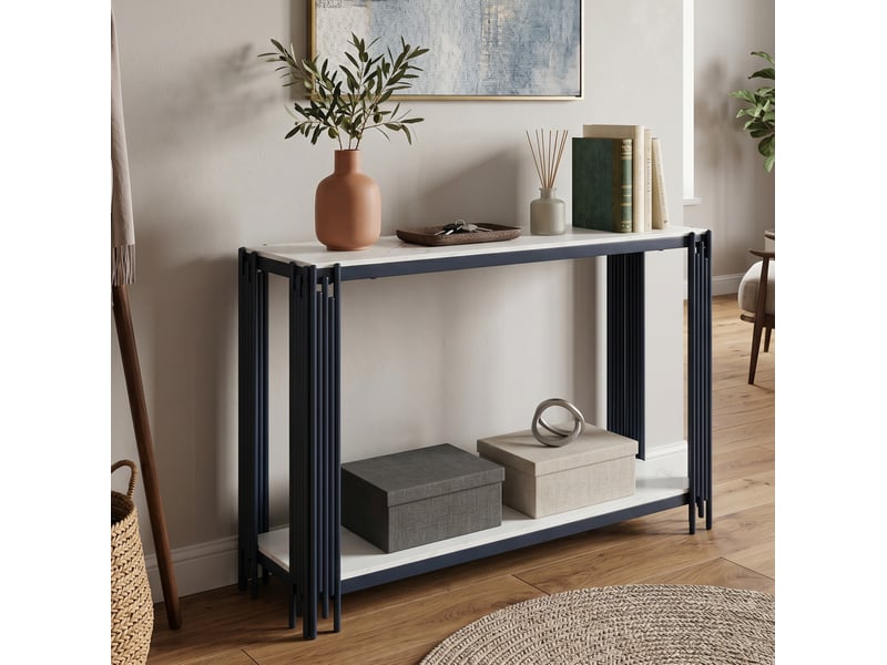  Console à 2 niveaux 123,5 x 33,5 x 80 cm en mdf effet marbre blanc et métal noir  - Conforama E
