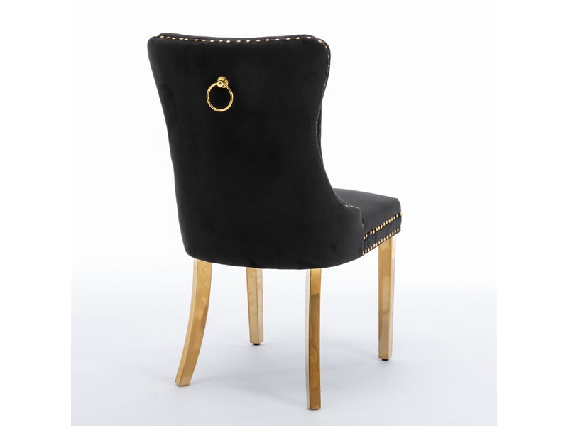  Chaises de salle à manger velours de1601bk noires lot de 2 avec pieds acier doré et clous décoratifs  - Conforama E