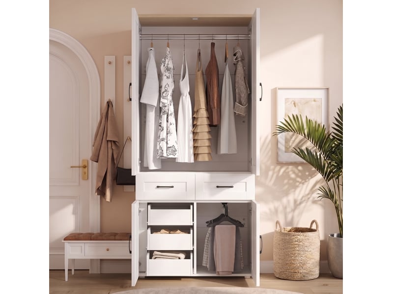  Armoire modenvie 4 portes 90 x 50 x 200 cm avec 5 tiroirs et 2 tringles mdf blanc  - Conforama D