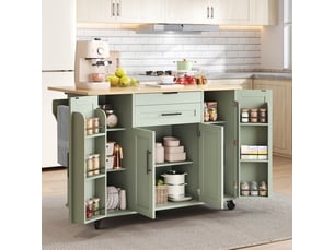 Îlot de cuisine sur roulettes vert antique, desserte avec plan de travail extensible, tiroir à couverts, 136x70x92 cm
