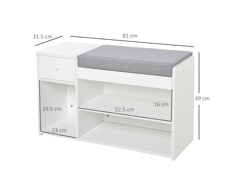  Banc à chaussures avec coussin, tiroir et 3 compartiments ouverts en bois, 81 x 31,5 x 49 cm, blanc  - Conforama E