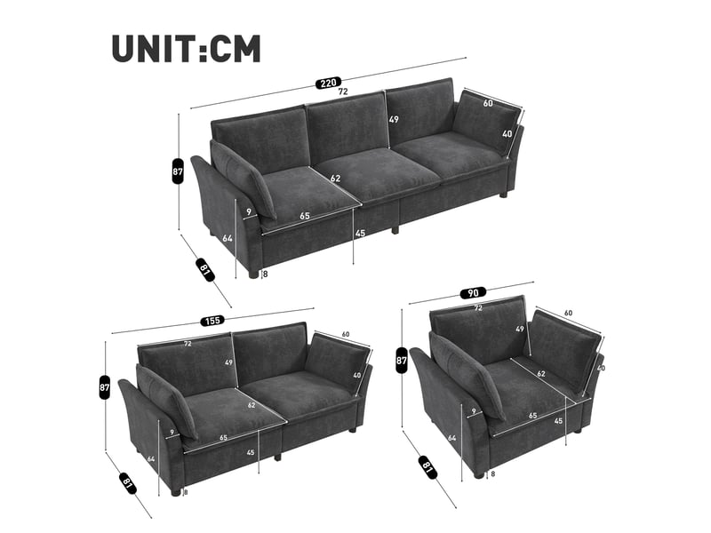 Ensemble canapé modulable 6 places en tissu chenille gris, 6-7 personnes, 220×87×81 cm  - Conforama C