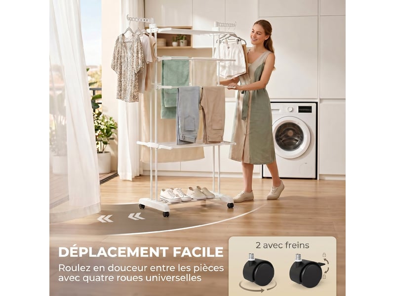  Séchoir à linge pliable 4 niveaux avec roulettes, étendoir linge intérieur avec ailes latérales, cadre en acier, blanc  - Conforama E